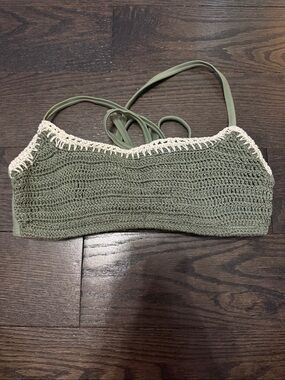 Xhilaration Olive Green Crochet Bikini Top with Cream Trim